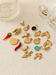 1 Piece Of Imitation Food Series Strawberry, Croissant, Chili, Ice Cream, Mushroom, Waffle, Pistachio, Palm Tree Pendant, Stainless Steel Material Electroplated 18K Gold, Suitable For DIY Jewelry Accessories, Necklaces, Bracelets, Keychains, Earrings, Bag Accessories, Stainless Steel Accessories, Stainless Steel Pendant