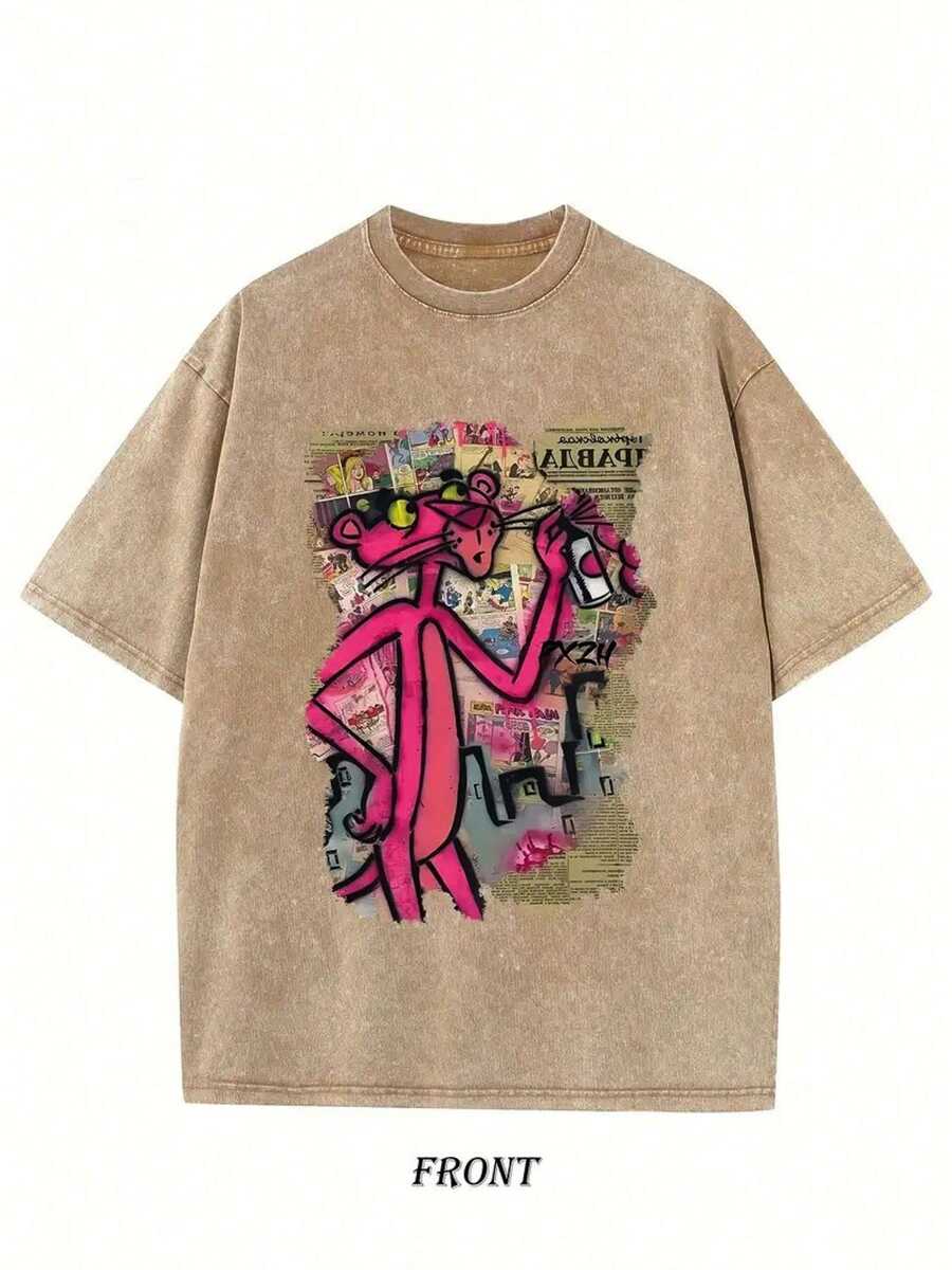 230g Washed, Pink Leopard Graffiti Wall Printed T-Shirt, High Quality Batik Cotton Retro Fashion Brand T-Shirt, Men's T-Shirt, Men's Summer T-Shirt, Holiday Gift, Perfect Gift. - Cà phê nâu - Xem 1