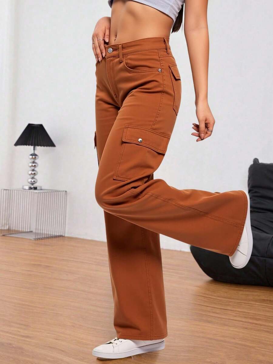 Pantalones vaqueros cargo anchos para mujer de color azul, estilo casual y práctico, ideal para looks urbanos - Naranja - Ver 1