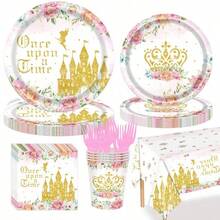 101PCS Pink Princess Birthday Party Decorations, Castle Party Plates And Napkins Party Supplies, Princess Party Ornaments, Crown Castle Paper Plates, Disposable Baby Shower, Girl Birthday Party Decorations - 黃色 - 查看 12