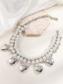 1pc Elegant Heart Pendant Pearl Necklace, Women's French Luxury Retro Chic Fashionable Choker Necklace For Evening Party, Vacation