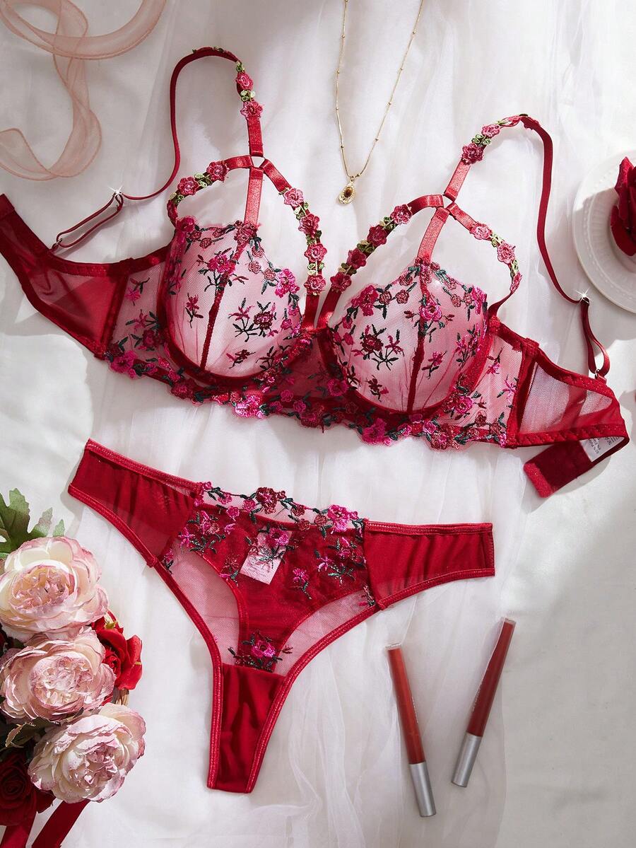 Women's Sexy Lingerie Set, Burgundy Embroidered Floral Bra And Panty 2-Piece Set, Comfortable Solid Thong, Sensual For Valentine's Day Couples