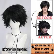 黑色短款蓬松直发动漫角色扮演假发，带刘海，男女通用，适合派对、日常、圣诞节、假日、动漫展、展览、舞台摄影道具等场合。这款假发采用无胶耐热合成纤维制成，带有刘海，高密度，外观自然，男女皆宜，可作为通用角色扮演假发、卡通服装发饰、节日礼物、主题活动装饰等。 - 黑色 - 查看 8