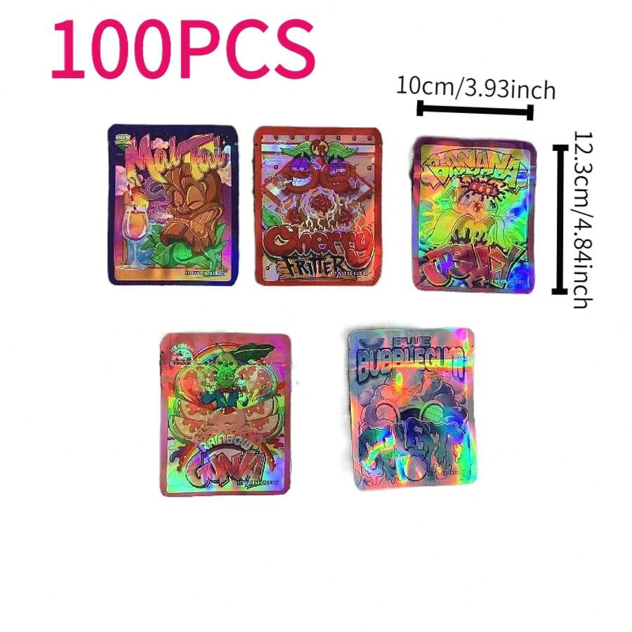 100 Pieces Mylar Bags, 3.5g Mylar Bags, Plastic Bags, Reusable Zipper Bags, Candy Bags, Gummy Bags, Casual Bags, Storage Bags For Event Parties, Great For Packaging Fun Props - 10 Random Styles Assorted Pack - 100件 - 查看 1