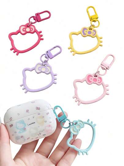 Sanrio 5Pcs Random Style Cute Hello Kitty Hollow Cat Head Keychain Kitty Cat Kawaii Anime Key Chain Ring Backpack Charm Earphone Covers Phone Decoration Accessories Gift