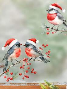 1 PIEZA Pegatinas de ventana con pájaros de estilo art decó navideños, calcomanías de ramas de bayas rojas para vidrio, pegatinas decorativas de plástico autoadhesivas, decoración festiva para el hogar, motivos de pájaros con gorro de Papá Noel de un solo uso, decoraciones navideñas para habitación, decoración de pared, pegatinas de pared, pegatinas de pared decoraciones navideñas para el hogar
