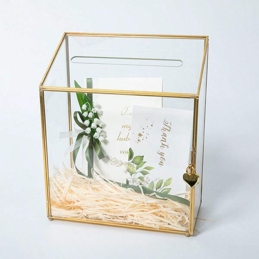 1pc Wedding Card Box With Slot And Lock - 9.5x4.5x11.8 Inches - Gold Glass Envelope Donation Box For Birthday Party Reception - Vintage Centerpiece, Decoration (Glass Box Only) - Vàng - Xem 1