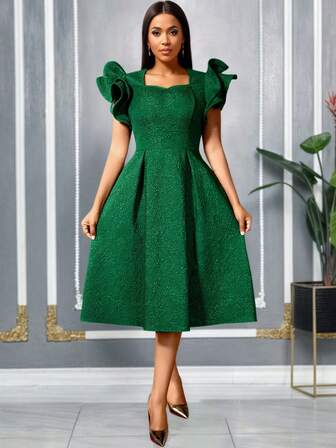 AOMEI Green Women Elegant Green Jacquard A Line Midi Dress Square Collar Short Ruffle Sleeve Pleated Wedding Guest Party Celebrations Gowns,Outfit For Date,Party,Wedding Dress,Bridesmaid Dress,Wedding Guest