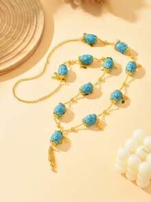 1pc Unique Design Faux Turquoise Beaded Necklace, Middle Eastern Style Pendant Choker Necklace For Women