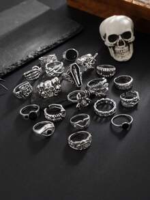 20pcs Punk Style Skull & Letter Design Rings Set, Casual Everyday Wear For Men