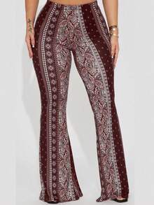 女士时尚波西米亚风印花喇叭裤，浪漫沙滩度假派对休闲裤，适合假日、约会、外出和日常穿着。 - 咖啡棕 - 查看 3