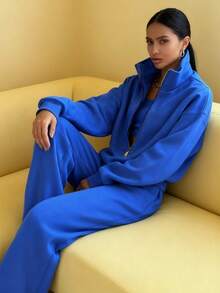 New Women's Suit;Women's Two-Piece Set Sweatshirt Fleece Sports Street Casual Fashion Outfit For Women - Màu xanh lam - Xem 2