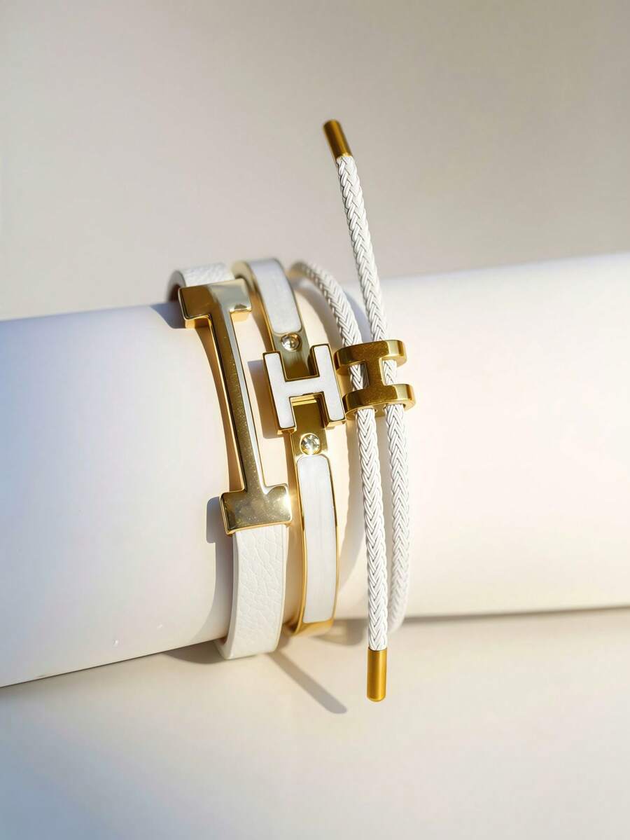 3 件时尚别致的金色字母皮革手链，送给女朋友的礼物 - 3pcs-白色 - 查看 1