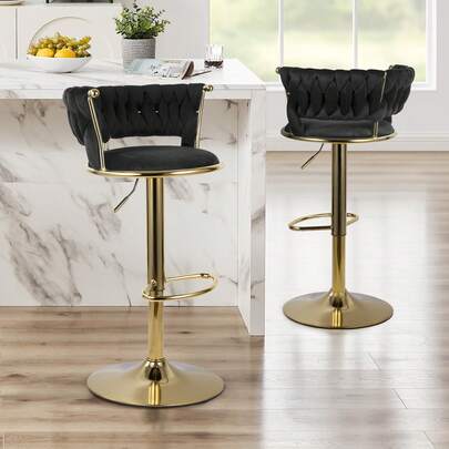 Nalupatio 2er-Set luxuriöse Barhocker mit Samtbezug, Rückenlehne & Fußstütze – höhenverstellbar & drehbar, mit goldener Metallbasis