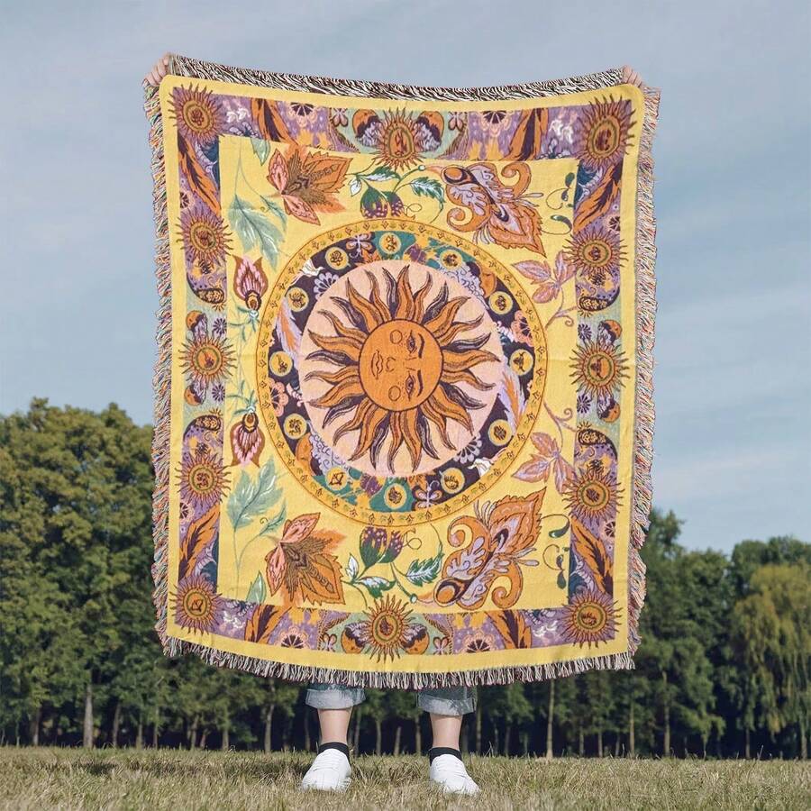 Outdoor Blanket With Floral & Sun Pattern, Bohemian Jacquard Weave Blanket - Picnic Blanket, Camping Blanket, Sofa Blanket, Nap Blanket, Air Conditioning Blanket, Wall Hanging, Thick & Soft, Non-Fading & Pilling, Suitable For Home Decor And Outdoor Use