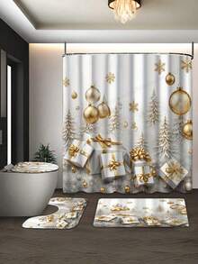 1/4 Pcs Christmas Gray & White Background Gold Foil Print Shower Curtain, Waterproof Polyester Fabric, Walk-In Shower Curtain With 12 Hooks, Bathroom Non-Slip Mat, Toilet Seat Cover And U-Shaped Pad, New Year Bathroom Decor Set