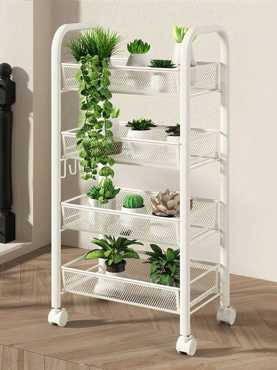 Storage Cart With Drain Basket, Mobile Shelving Unit Rolling Utility Cart, White Rolling Cart, Rolling Pantry Organizers, Kitchen Organizer, Organization For Living Room, Bathroom, Kitchen Office, Black, Home Decor, Party & Christmas Storage - 白色 - 查看 1