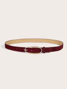 1pc Women's Luxury Elegant Burgundy Velvet Carved Golden Metal Buckle Belt, Versatile Accessory For Daily Wear - Burgundy - View 2
