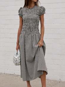 Women's Summer Dresses, Plaid Print Round Neck Short Sleeve Midi Dress For Casual Dailly Street Wear - 黑色 - 查看 2