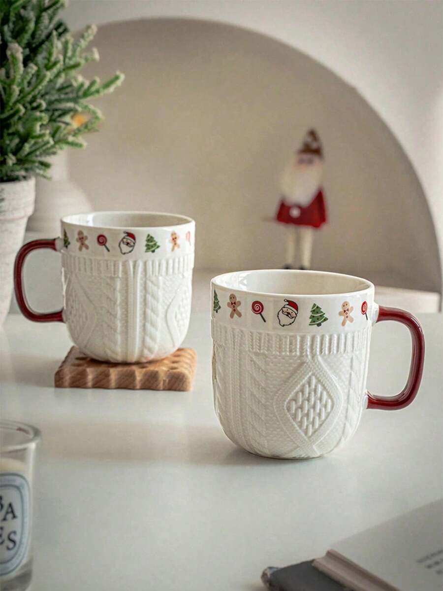 1 Stück Weihnachtsbecher mit Weihnachtspullover Relief Muster, 350ml Weihnachtsbecher mit niedlichem Weihnachtsbaum, Lebkuchenmann, Süßigkeiten für Kaffee, Milch, Wasser, Latte, Mokka, Cappuccino, perfektes Weihnachtsgeschenk, festliche Feiertags-Trinkware, Weihnachtsdekoration, Weihnachtsgeschenke