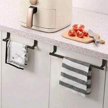 1pc Stainless Steel Towel Rack - Strong Adhesive Hook, Suitable For Bathroom, Kitchen Cabinet | Can Hang Towels, Dishcloths, Gloves | Space-Saving And Rust-Resistant Design - Black - View 2