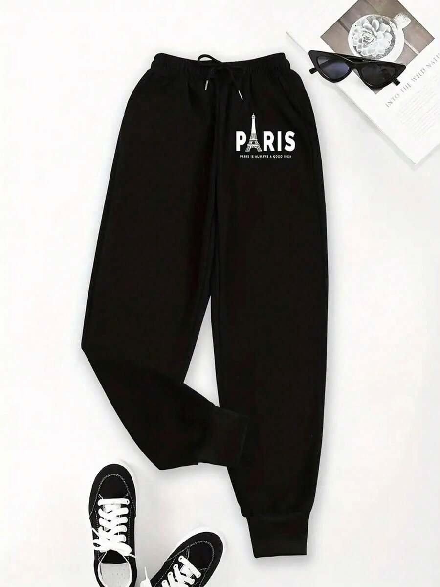 250g Sweatpants Women's Black Paris Eiffel Tower Graphic Print Drawstring Waist Loose Fit Tapered Leg Jogger Sweatpants, Casual Streetwear Track Pants With Elastic Cuffs For Lounging & Sporty Style - 黑色 - 查看 1