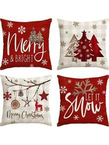 4pcs Christmas Snowflake Buffalo Plaid Decorative Pillow Covers, Suitable For Christmas Tree, Winter Holiday Decor, Sofa Room Furniture Decoration, Single-Sided, Pillow Insert Not Included