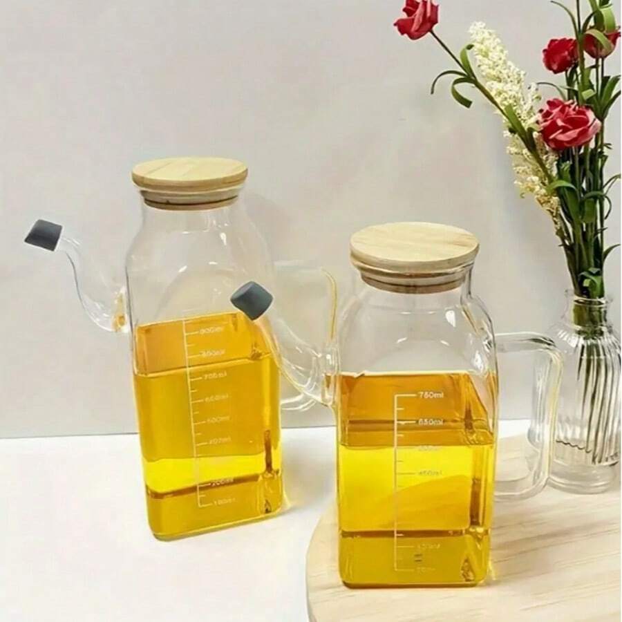 Square Glass Oil Bottle, Large Capacity Soy Sauce, Vinegar Kitchen Seasoning Bottle With Lid, Leak-Proof Sealed Oil Dispenser [25.36Oz/33.81Oz] - 無色 - 查看 1
