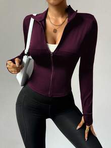 FWH Thiết kế cổ cao/ve áo có thể chuyển đổi, độ che phủ điều chỉnh được, đường may tiện dụng, vận động thoải mái cả ngày, phù hợp cho nhiều môn thể thao, phòng tập/ngoài trời/yoga, thời trang thể thao, kiểu dáng có thể chuyển đổi, áo tập có lỗ xỏ ngón tay cái, áo khoác yoga ôm sát có khóa kéo (có lỗ xỏ ngón tay cái), áo khoác tập luyện cổ cao có thể chuyển đổi dành cho nữ mùa đông - Bold Plum - Xem 5