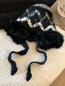 1ciepły i gruby pluszowy dzianinowy kapelusz chroniący uszy, gruby pluszowy zimowy sznurowany, ciepły i odporny na zimno kapelusz basenowy, zimowy ciepły