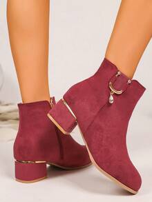秋冬优雅麂皮中跟粗跟酒红色踝靴，水钻侧拉链靴，时尚弹力女式踝靴 - 酒紅色 - 查看 5