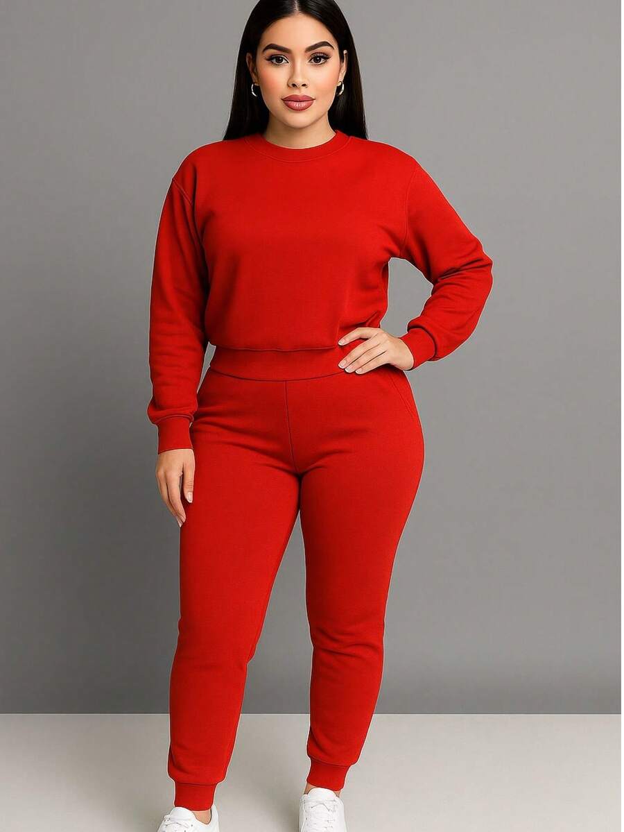✨ Nuevo Conjunto Dama ✨ ¡Comodidad y estilo en uno solo! Conjunto de pans + sudadera con cuello redondo - Rojo - Ver 1