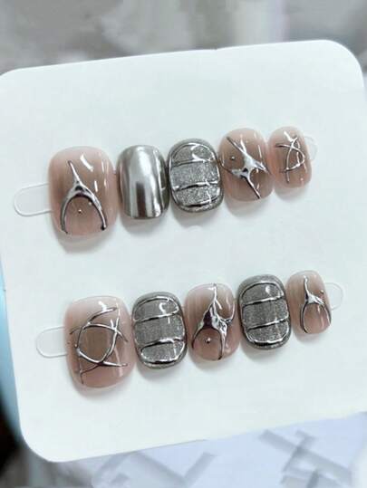 10 Peças Espelhos Mágicos Pintados à Mão em Tom Escuro, Linhas de Grafite, Sombreamento, Unhas Postiças Curtas, Doces e Legais para o Dia a Dia, Estilo Metal Y2K, Unhas Postiças Destacáveis, Adequadas para Senhoras e Meninas como Presentes em Caixas de Armazenamento