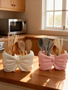 1pc Cute Ceramic Bow-Knot Shaped Utensil Holder, Fashionable Kitchen Utensil Organizer Rack, Can Hold Spoons, Chopsticks, Whisks And Cooking Tools, Modern Decorative Countertop Storage, An Ideal Choice For Home Kitchen Essentials - Multicolor - View 5