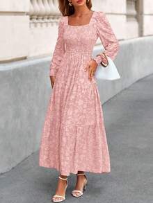 Women's Long-Sleeve Ruffled Floral Flowing A-Line Bohemian Maxi Dress Bridesmaid Dresses Fall Attire - 粉色 - 查看 7