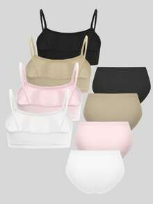 4pcs/Set Girls' Minimalist Fashion Camisole Bralette And Seamless Comfortable Bikini Panty Set - Multicolor - View 2