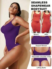 1pc Women Seamless Shaping Bodysuit With Thong Bottom, Slimming Bodyshaper Tummy Control Flat Belly Sheath Jumpsuit Shapewear Waist Trainer Shaper - 紫色 - 查看 2