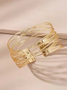 1pc Fashionable Women's Multi-Layered Crossed Pure Metal Decor Open Bangle - 黃金 - 查看 8