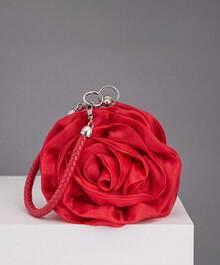 Rose Shape Women's Evening Bag Clutch Handbag CLARA Women Rose Flower Clutch Purse Satin Handbag Wedding Evening Party Bag Novelty Gifts Valentines - 酒紅色 - 查看 9