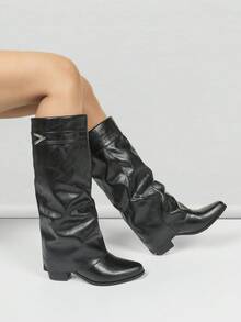 Women's Autumn/Winter Embellished Ankle Boots, Women's Vintage Casual Pleated Low Heel Tall Boots, Commute & Street Style Over-The-Knee Boots, Versatile To Pair With Skirts, Leather Pants, Coats, Knits