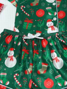 Bộ đồ ngủ satin 2 món, áo ve áo tay ngắn in hình người tuyết và quần short nơ, đồ ngủ nữ mặc ở nhà, Giáng sinh - màu xanh lá - Xem 5