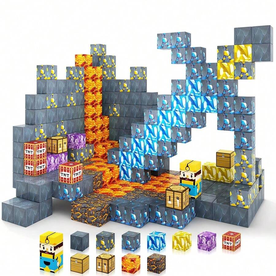 Magnetic Building Blocks Playset, Magnetic Mining World Cubic Crystal Sword Educational Sensory Toys, Best Gift For Boys Girls Kids, STEM Education, 3+ Years Old, DIY Pixel Style - Multicolor - View 1