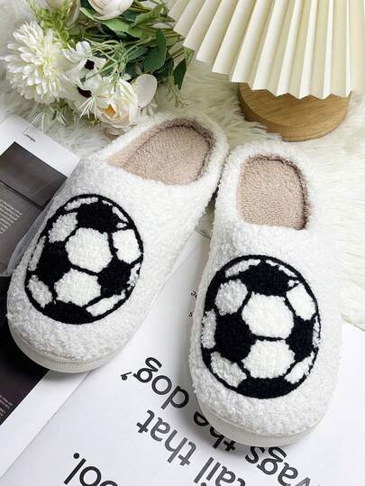 Men's Terry Cloth Embroidered 3D Football Pattern Slip-On Slippers Color-Changing Cartoon Bootie Slippers Flat, Non-Slip, Warm Casual Slippers For Autumn/Winter, Suitable For Home, Dorm, Slouchy Days