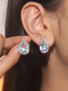 復古淚滴水晶水鑽耳環釘狀首飾適合女士1對 - 銀色 - 查看 5