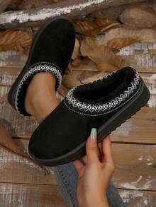 女士毛茸茸厚底拖鞋，秋冬新款仿保暖内衬一脚蹬坡跟蓬松雪地靴 - 黑色 - 查看 1