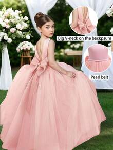 Tween Girl Elegant Pink Faux Pearl Bow Tulle Dress, Suitable For Wedding, Flower Girl, Bridesmaid, Princess Dress, Prom Dress, Evening Gown, Birthday Party, Graduation, Christmas - Baby Pink - View 4