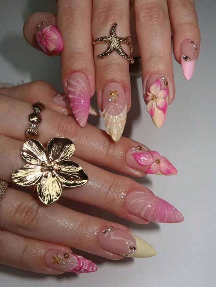 24Pcs/Set Almond-Shaped French Elegant 3D Ocean Style Starfish Waterdrop Flower Decor Full Coverage Press-On Nails With 1Pc Gel And 1Pc Nail File, Daily Date Looks Nail Supplies Nails - 多色 4 - 查看 1