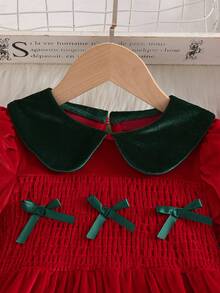 Girls Vintage Peter Pan Collar Dress With 3D Bow Decor, Long Sleeve, Suitable For Outings, Christmas Parties, And Daily Wear, Autumn - Red - View 5