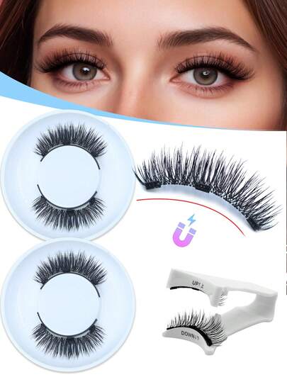 2 对磁性睫毛，带涂抹器，两种款式 3D 自然外观磁性睫毛，无需眼线，自然浓密，无需胶水，初学者易于涂抹，适合日常佩戴、约会、万圣节和圣诞节等场合，是送给女性的理想礼物，