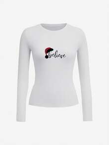 1pc Believe Letter Christmas Hat Graphic Print Women's Round Neck Long Sleeve Slim Fit T-Shirt, Soft Stretchy Fabric Elegant Versatile Top, Vintage Y2K Fashion, Cozy Fall & Back To School Layering Top, Ideal For Holiday Party & Daily Wear - 白色 - 查看 2